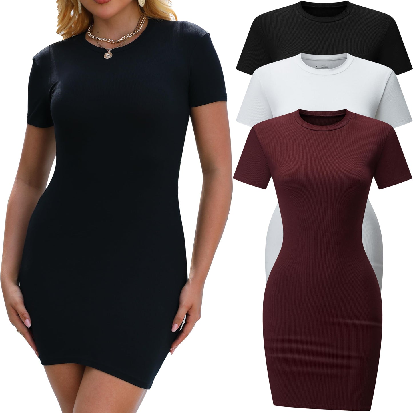 3 Pack Summer Dresses for Women Crew Neck Short Sleeve T Shirt Dress Basic Ribbed Bodycon Mini Dress