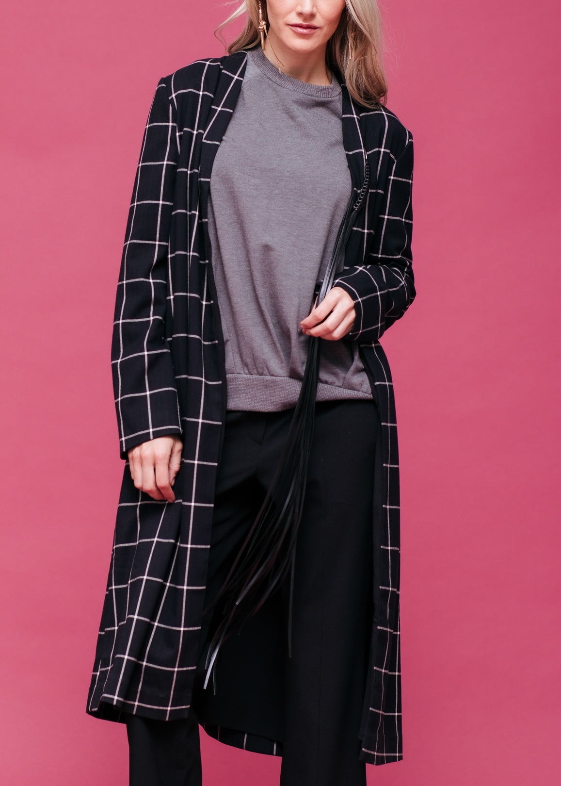 Women's Minimalist Grid Longline Coat In Black