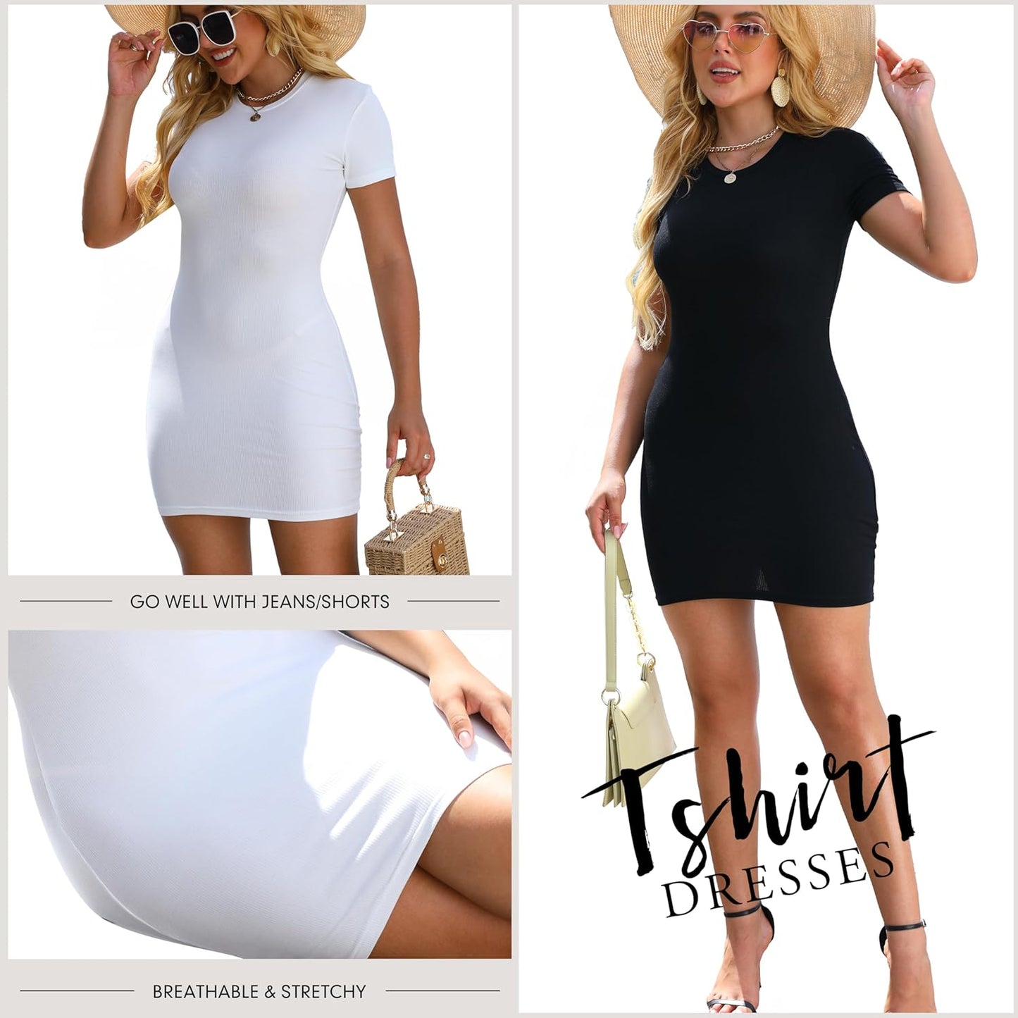 3 Pack Summer Dresses for Women Crew Neck Short Sleeve T Shirt Dress Basic Ribbed Bodycon Mini Dress