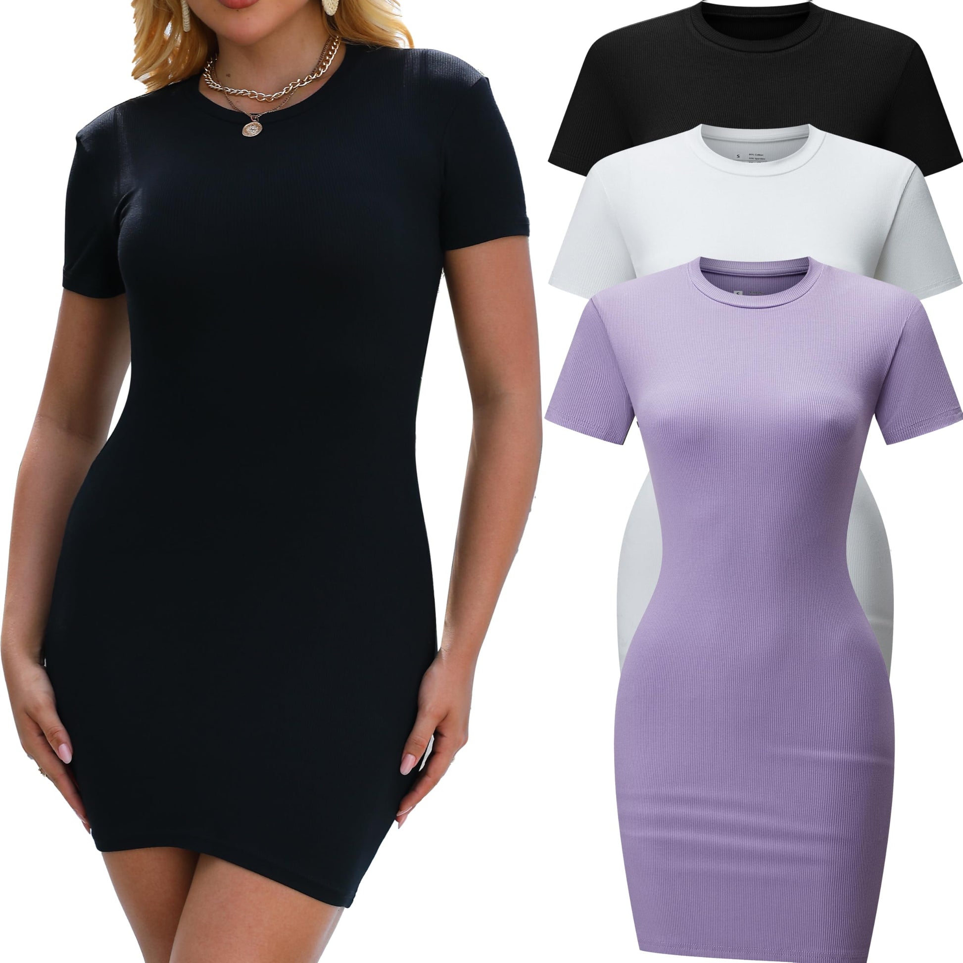 3 Pack Summer Dresses for Women Crew Neck Short Sleeve T Shirt Dress Basic Ribbed Bodycon Mini Dress