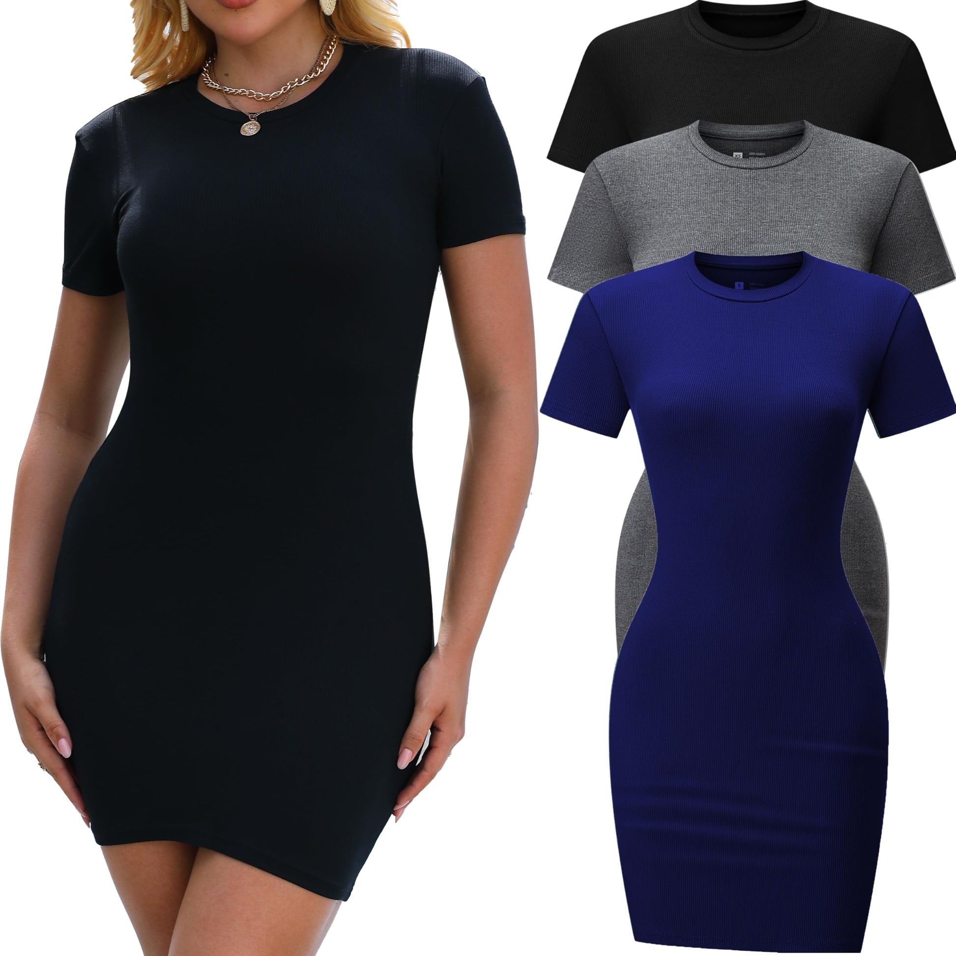 3 Pack Summer Dresses for Women Crew Neck Short Sleeve T Shirt Dress Basic Ribbed Bodycon Mini Dress