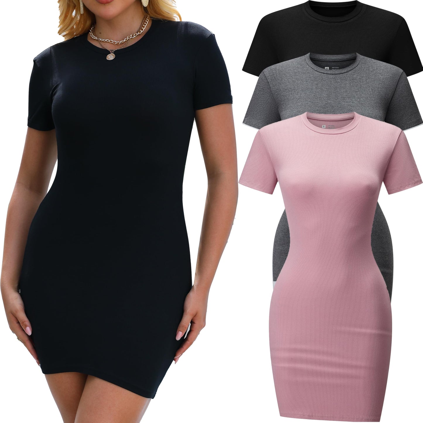 3 Pack Summer Dresses for Women Crew Neck Short Sleeve T Shirt Dress Basic Ribbed Bodycon Mini Dress