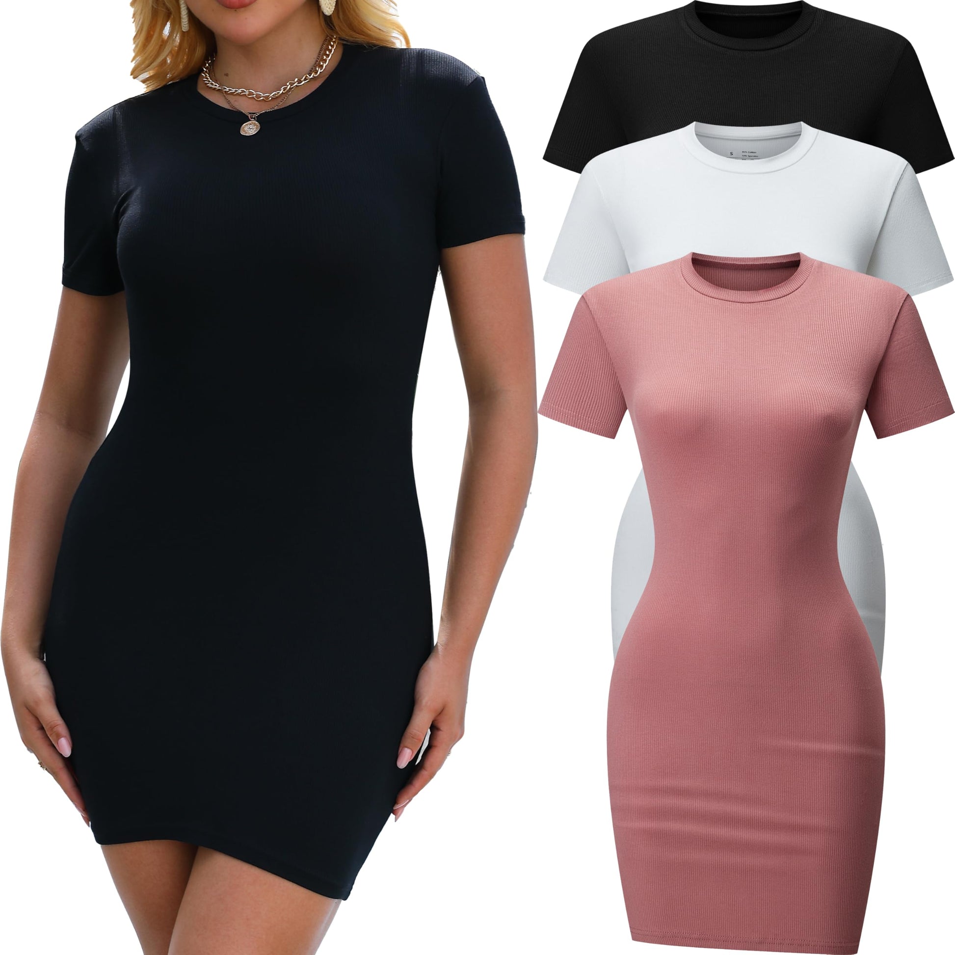 3 Pack Summer Dresses for Women Crew Neck Short Sleeve T Shirt Dress Basic Ribbed Bodycon Mini Dress