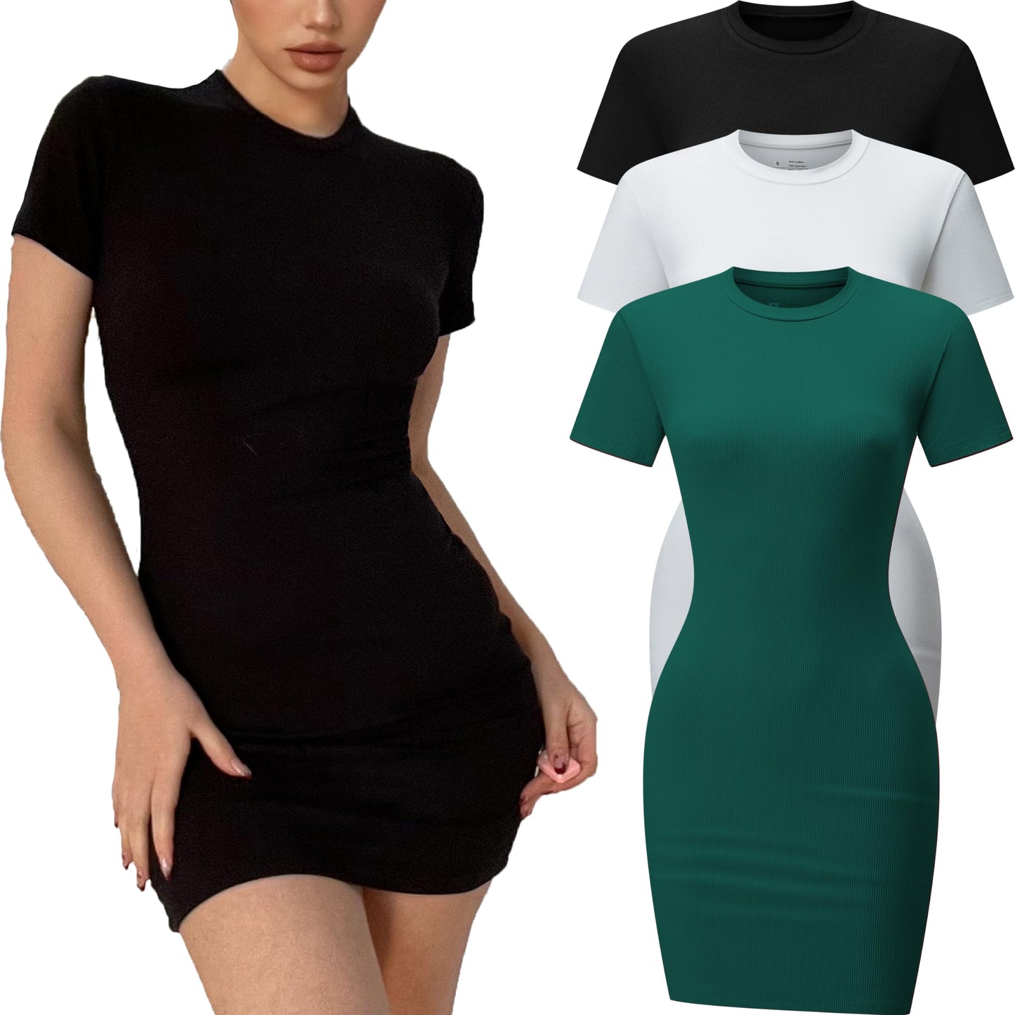 3 Pack Summer Dresses for Women Crew Neck Short Sleeve T Shirt Dress Basic Ribbed Bodycon Mini Dress