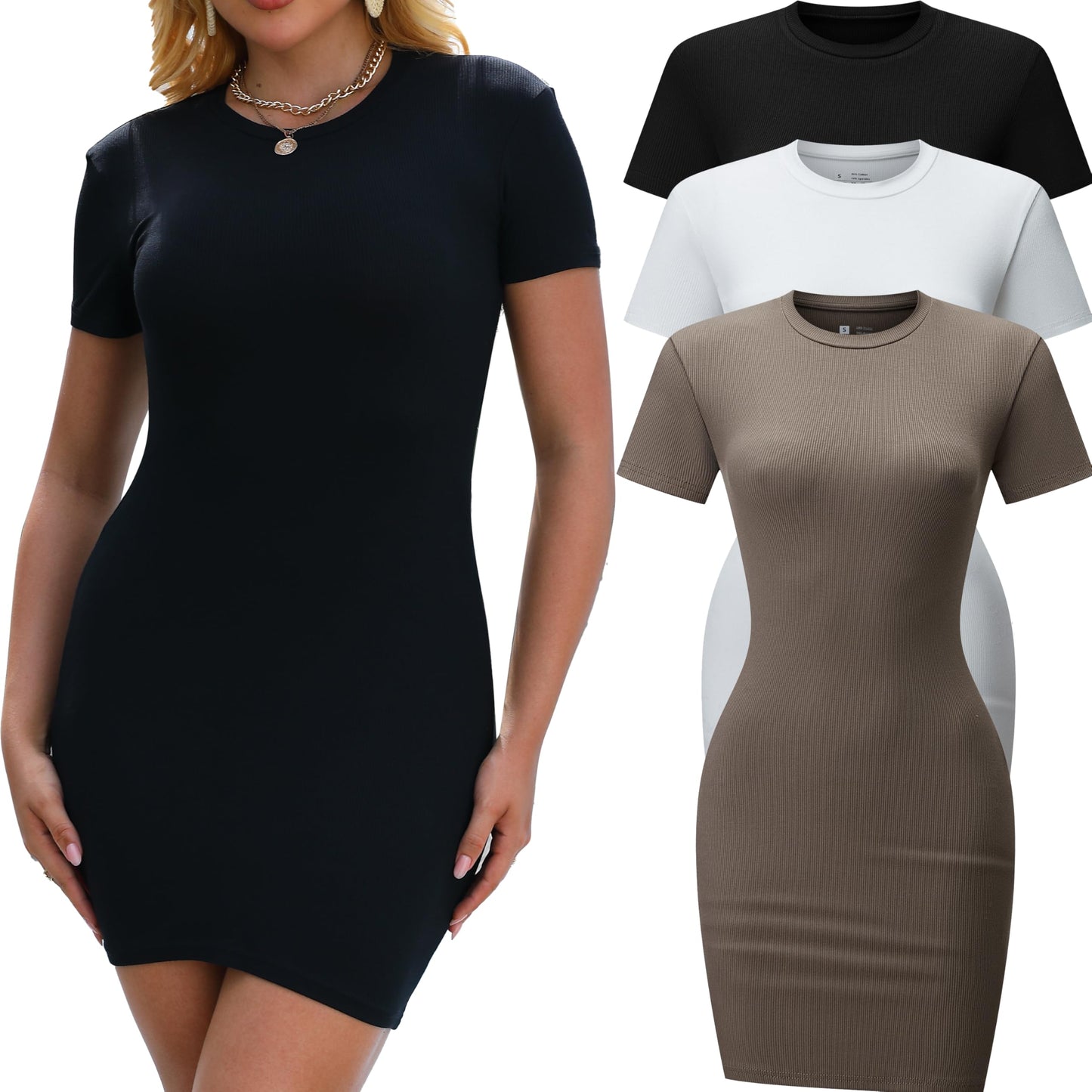 3 Pack Summer Dresses for Women Crew Neck Short Sleeve T Shirt Dress Basic Ribbed Bodycon Mini Dress