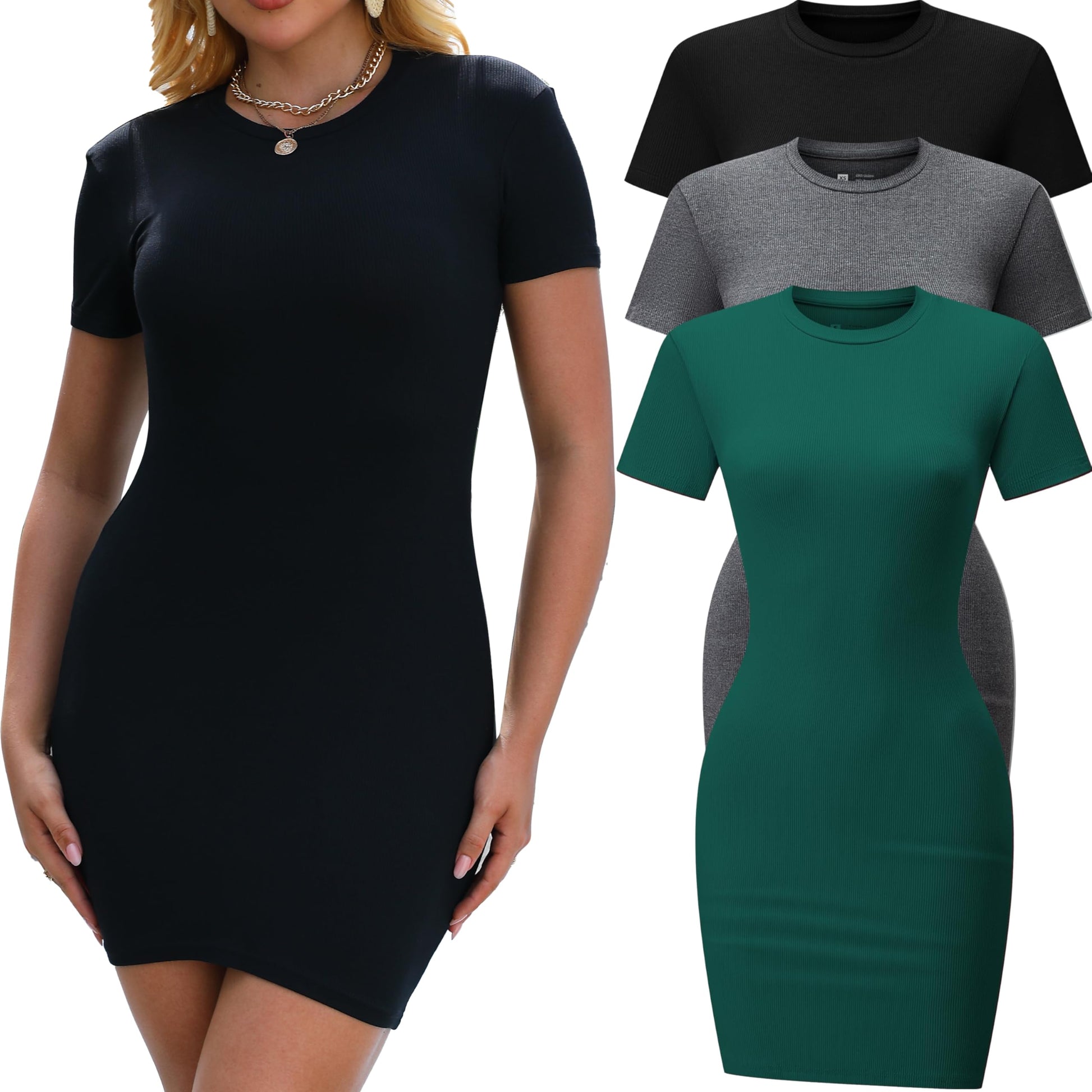 3 Pack Summer Dresses for Women Crew Neck Short Sleeve T Shirt Dress Basic Ribbed Bodycon Mini Dress