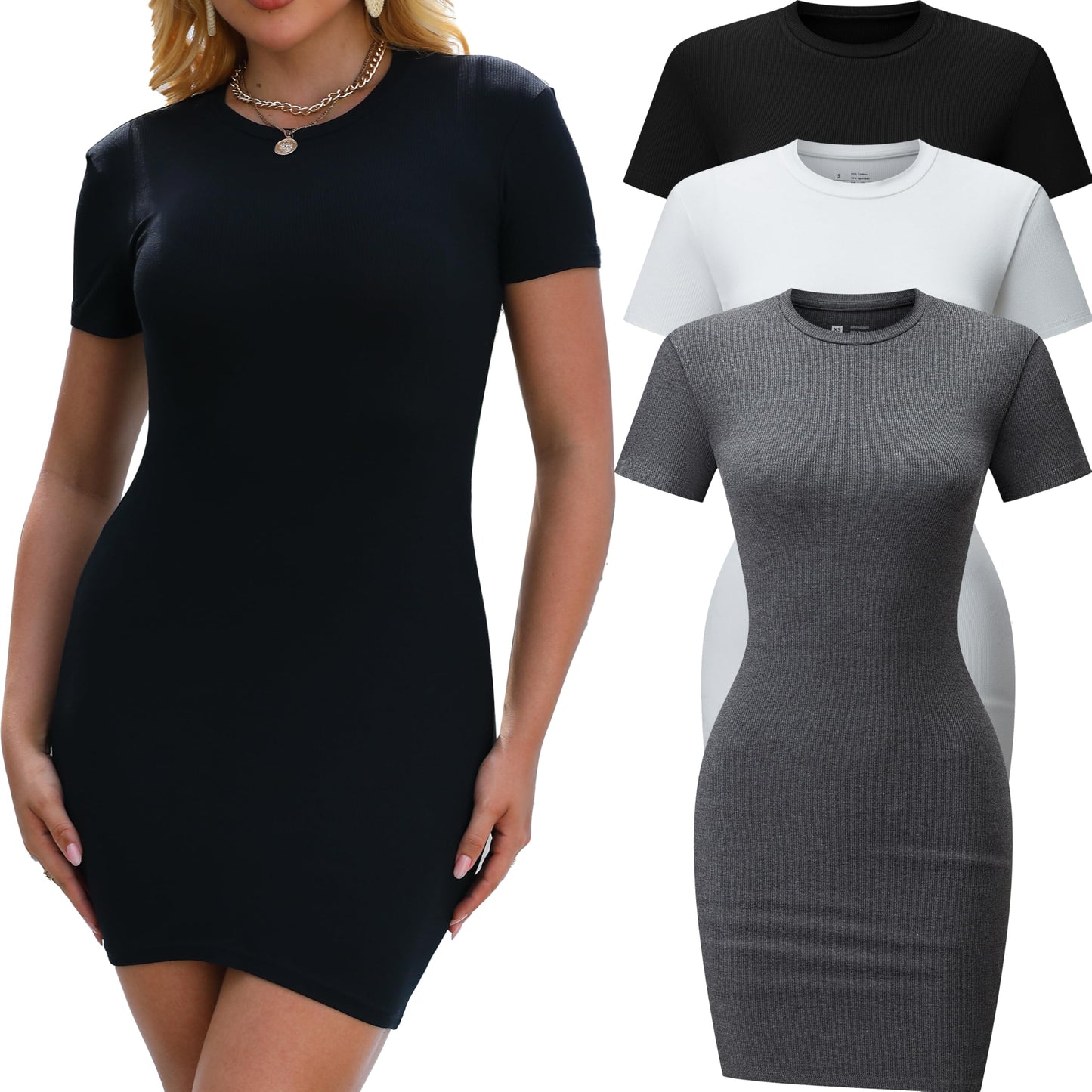 3 Pack Summer Dresses for Women Crew Neck Short Sleeve T Shirt Dress Basic Ribbed Bodycon Mini Dress