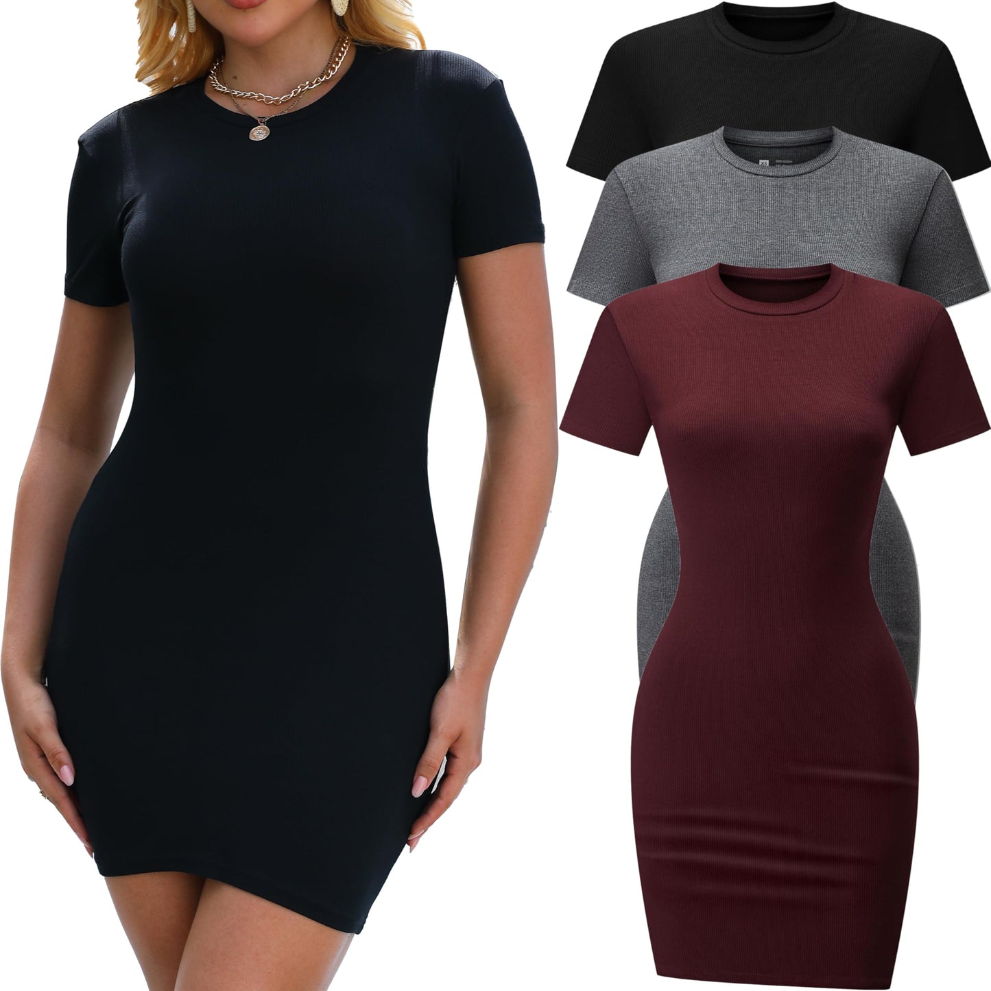 3 Pack Summer Dresses for Women Crew Neck Short Sleeve T Shirt Dress Basic Ribbed Bodycon Mini Dress