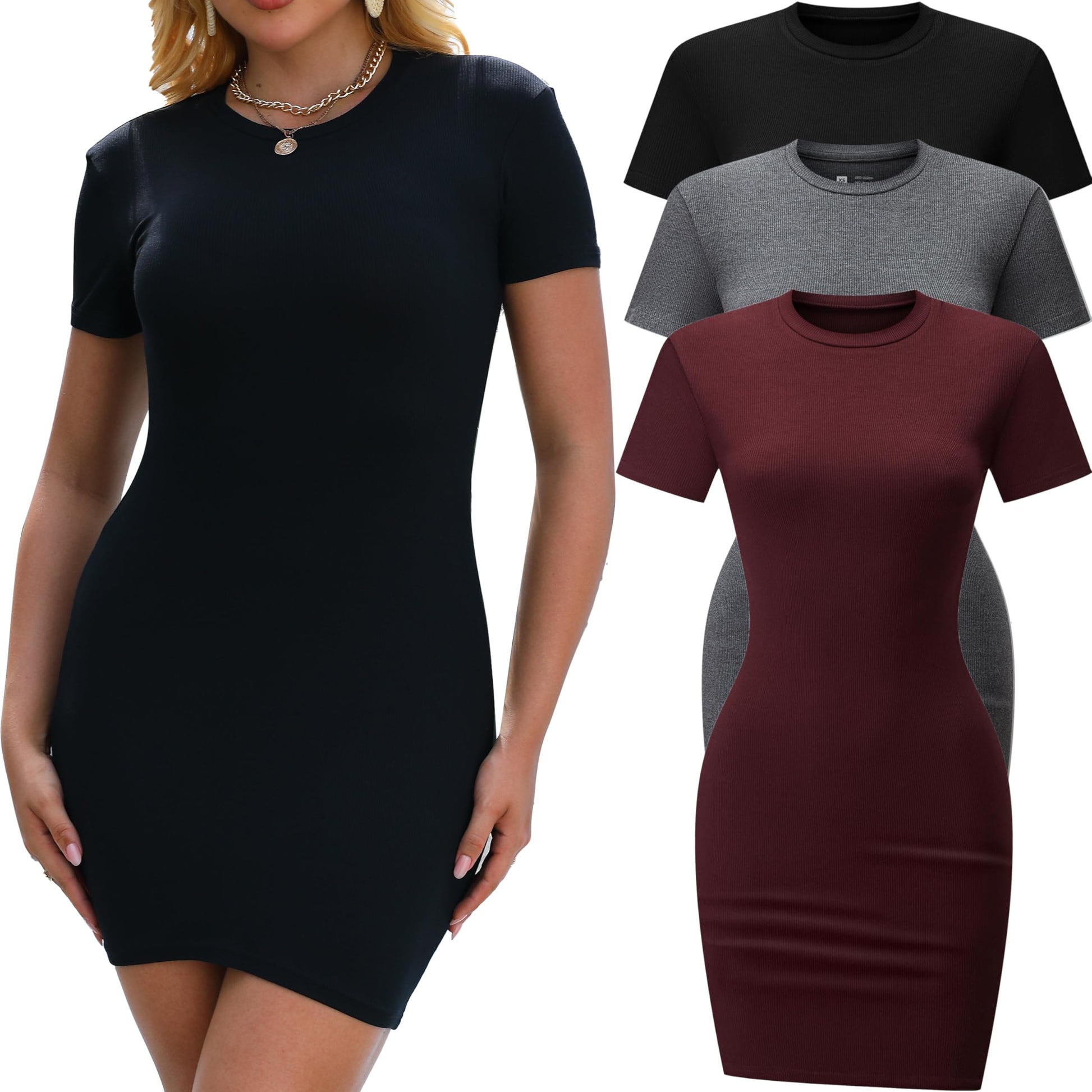 3 Pack Summer Dresses for Women Crew Neck Short Sleeve T Shirt Dress Basic Ribbed Bodycon Mini Dress