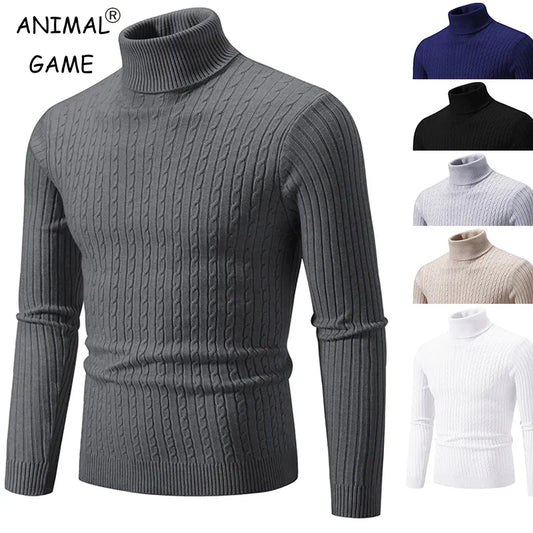 New Men's High Neck Sweater Solid Color Pullover Knitted Warm Casual