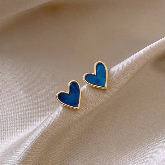 New Korean Sweet Cute Heart Stud Earrings for Women Girl Fashion Blue